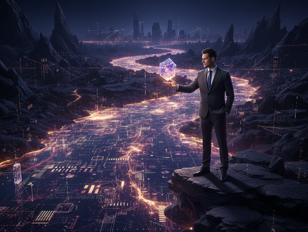 Ejecutivo extrayendo insights de un río de datos y visualizaciones de Business Intelligence