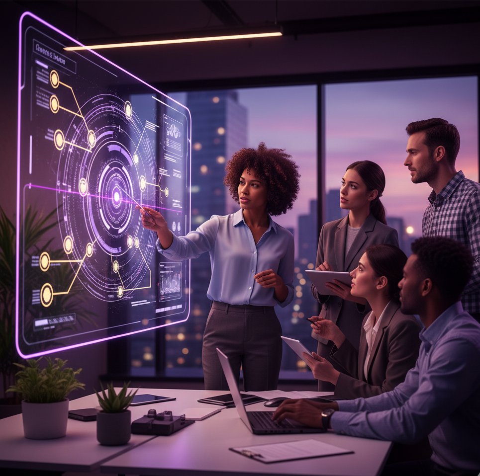 Equipo proactivo tomando la iniciativa en proyecto tecnológico